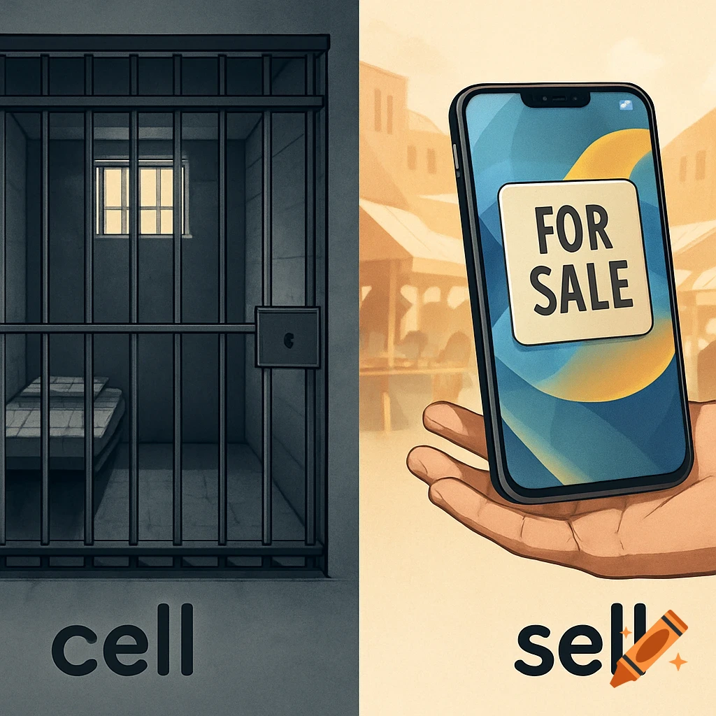 Digital illustration with a jail cell and 'cell' text on left, and a hand holding a phone with 'FOR SALE' and 'sell' text on right.