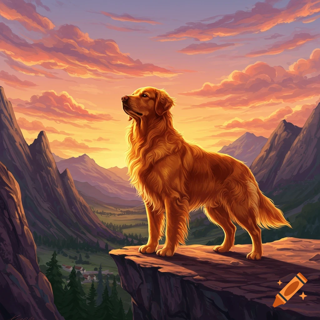 A majestic golden retriever stands on a mountain peak at sunset, looking out over a valley in a painterly style.