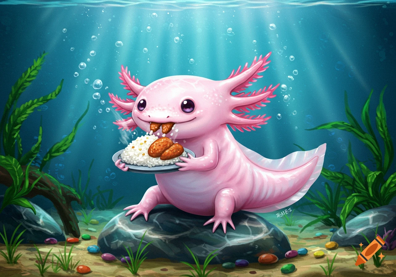 A cute pink cartoon axolotl sits on a rock underwater, happily eating rice and fried chicken from a plate.