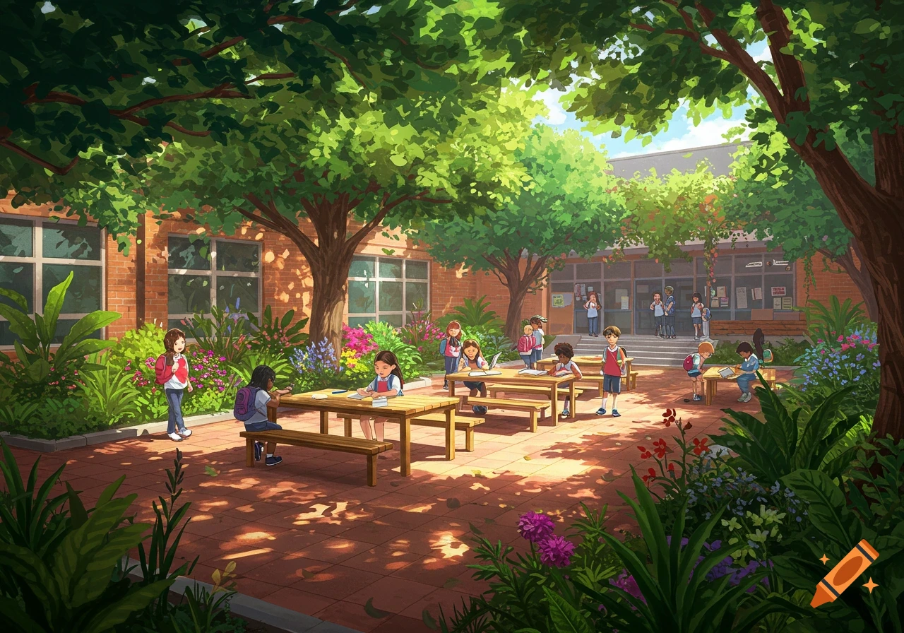 An illustration of a schoolyard with lush green trees and flowers, where several children are sitting at picnic tables reading and learning, while others walk in the background near the school building.