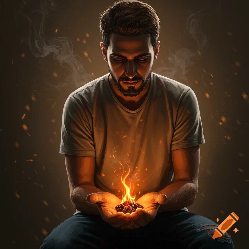 Photorealistic portrait of a man looking down, holding glowing embers and fire in his cupped hands with smoke and sparks in the background.