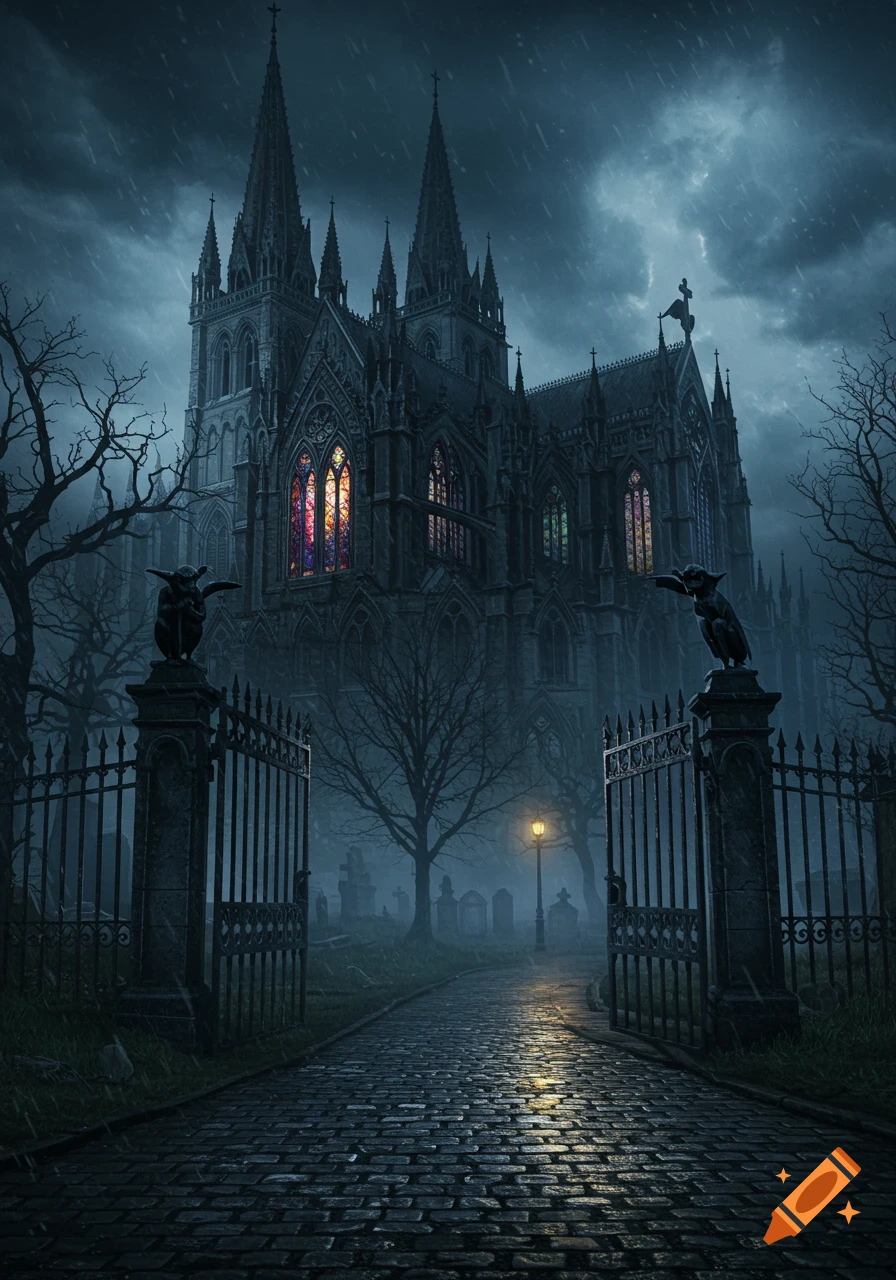 A dark gothic cathedral with stained glass windows, viewed on a stormy, rainy night from a cobbled path through an open graveyard gate with a street lamp.