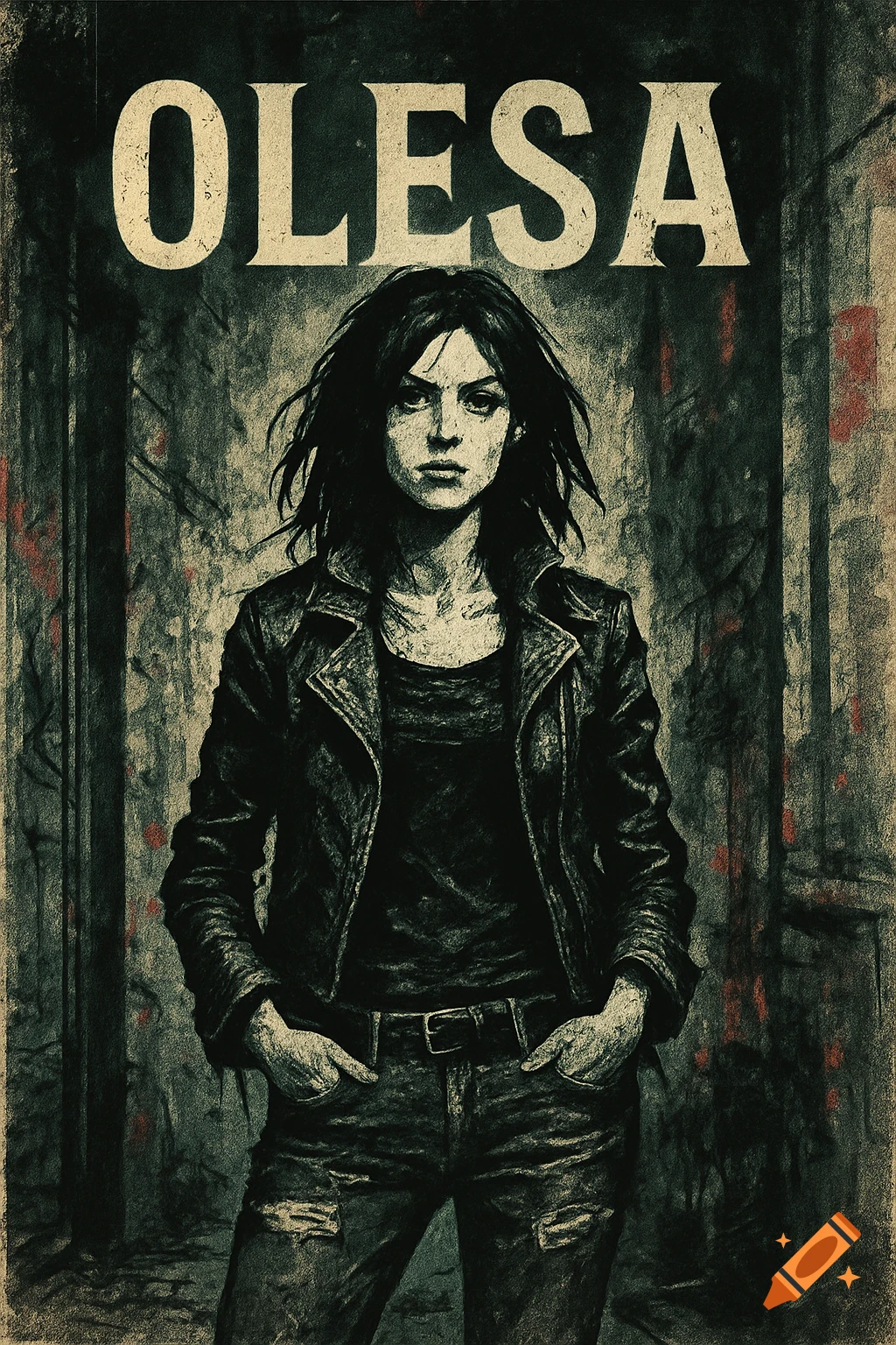 A grunge-style illustration of a stern woman with dark messy hair, wearing a black leather jacket and ripped jeans, standing against a dark, textured background with the word "OLESA" at the top.