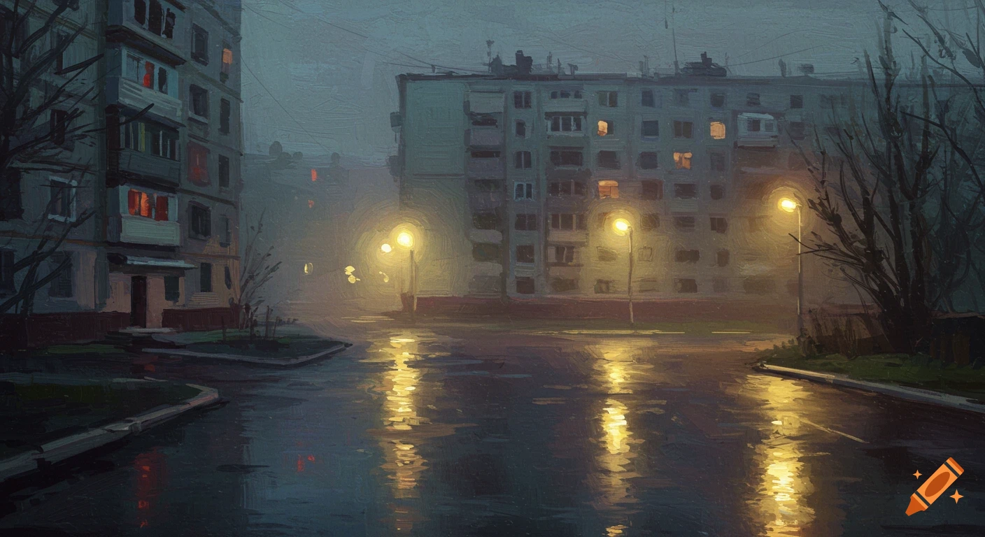 A melancholic impasto oil painting of foggy post-Soviet apartment blocks and wet asphalt reflecting streetlights at night.