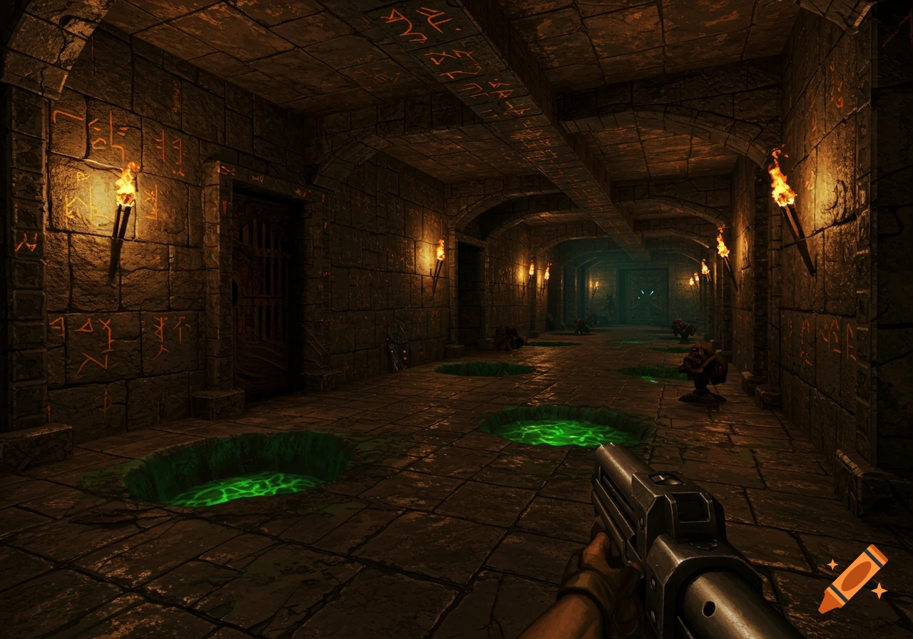 First-person view in a dark stone dungeon corridor with torches, glowing green liquid pits, and a player holding a pistol.
