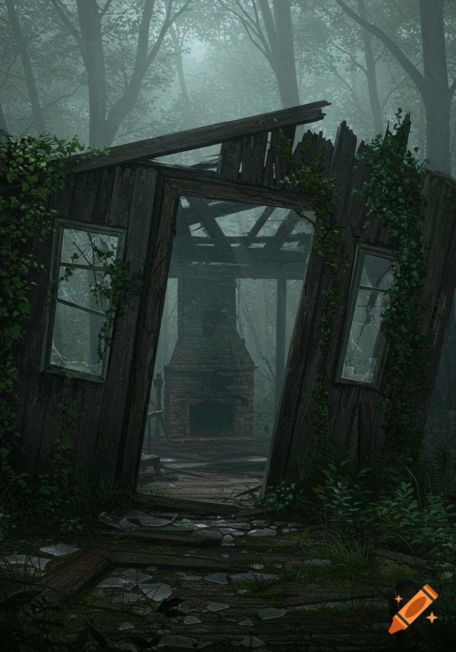 An illustration of a destroyed, ivy-covered wooden cabin with a visible brick fireplace inside, set in a misty, dark forest.