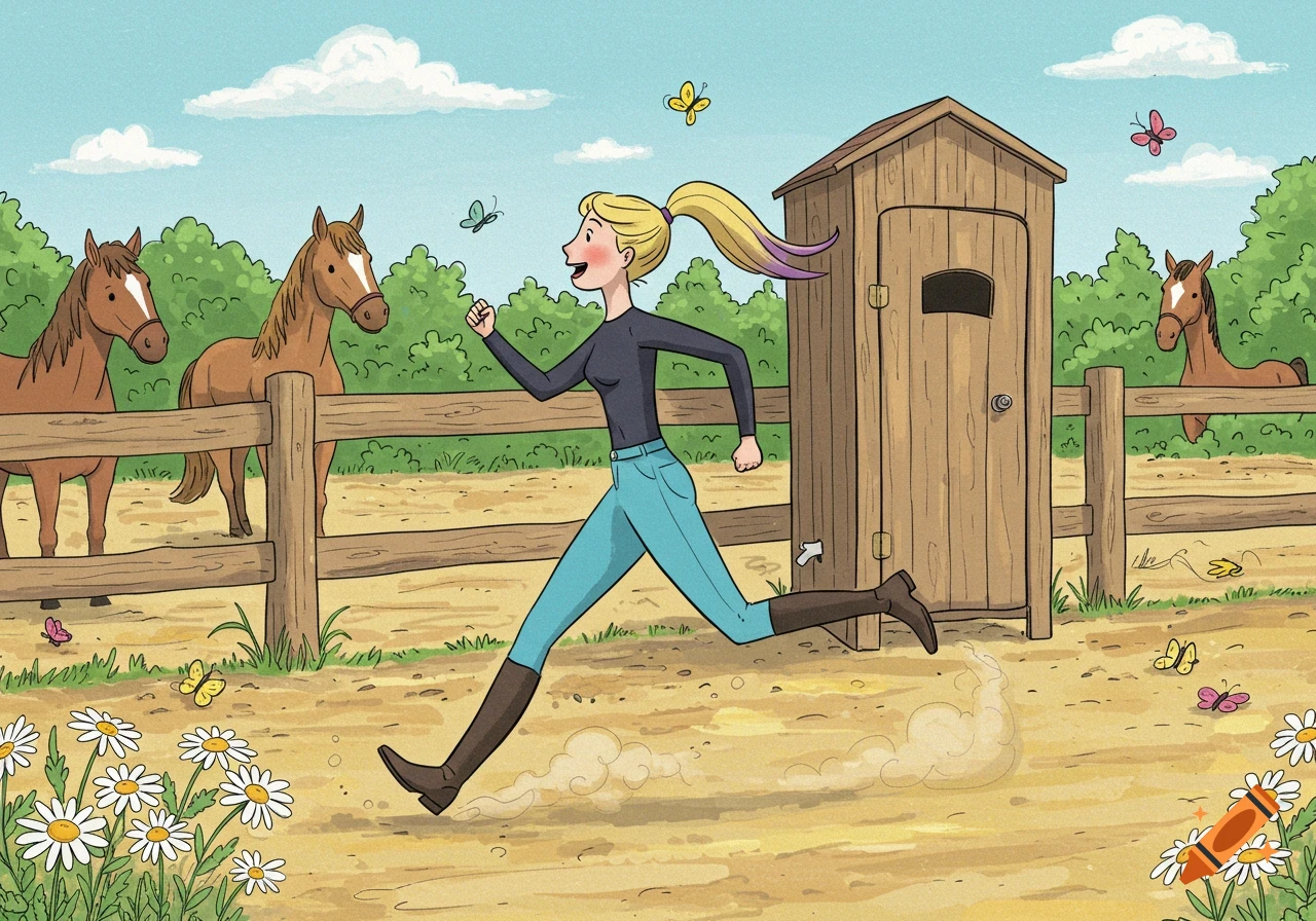 Blonde woman running in an equestrian yard with horses and a wooden shed, in a kids storybook style.