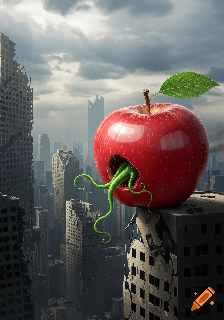 Red apple with green tentacles on top of a ruined skyscraper overlooking a destroyed city.