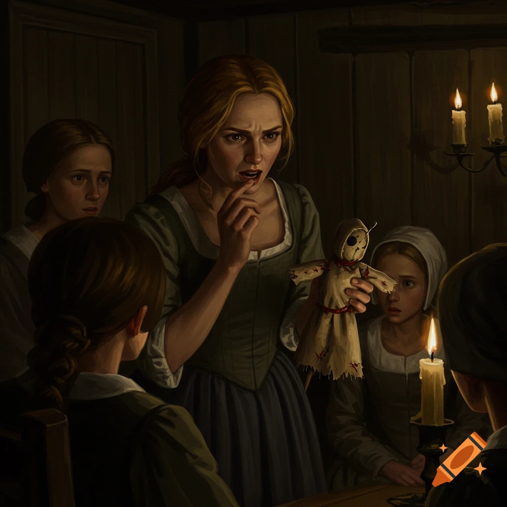 A young woman holds a poppet with a needle, looking distressed, surrounded by girls in a dark, candlelit room. Dark oil painting style.