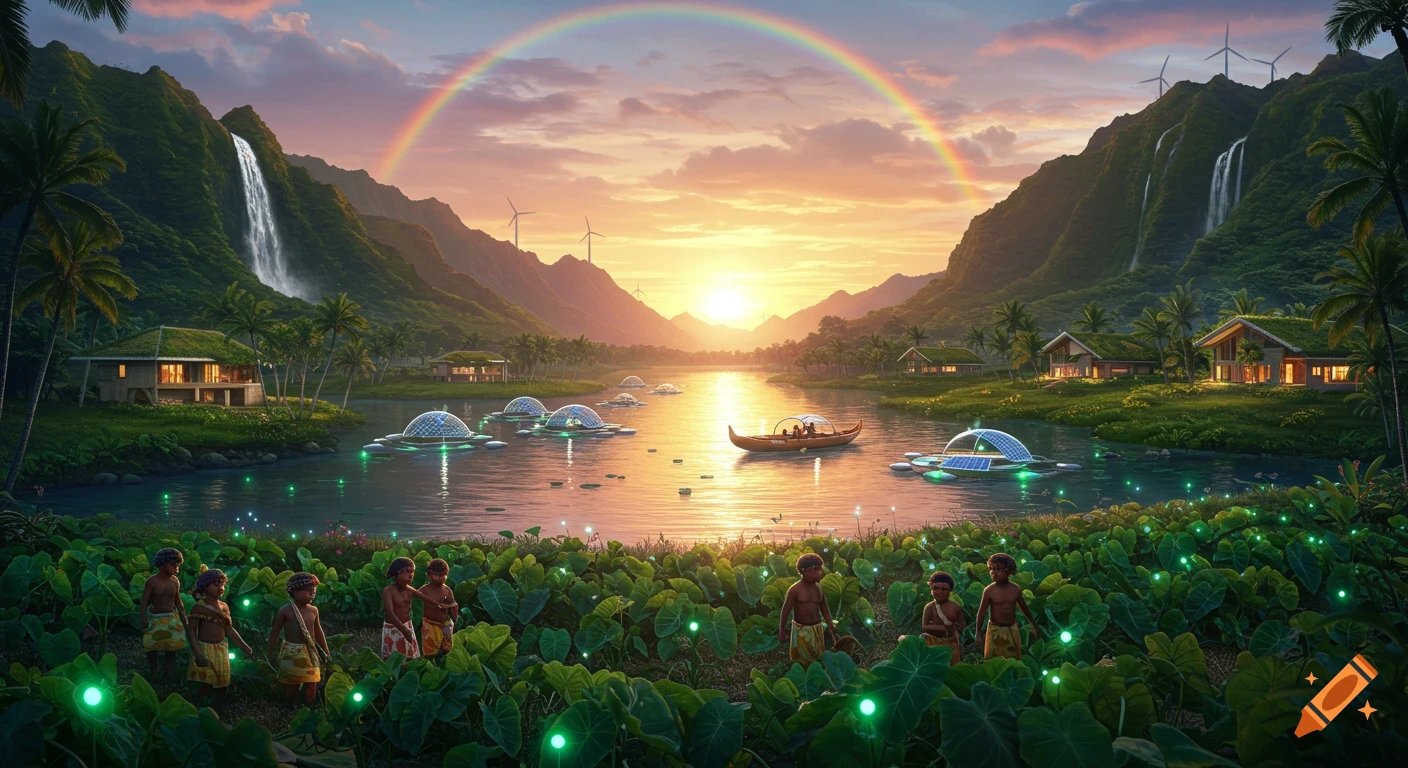 Ultra-realistic futuristic Hawaii at sunset: mountains, waterfalls, rainbow, glowing river, eco-homes, solar gardens, canoe, children in taro fields.