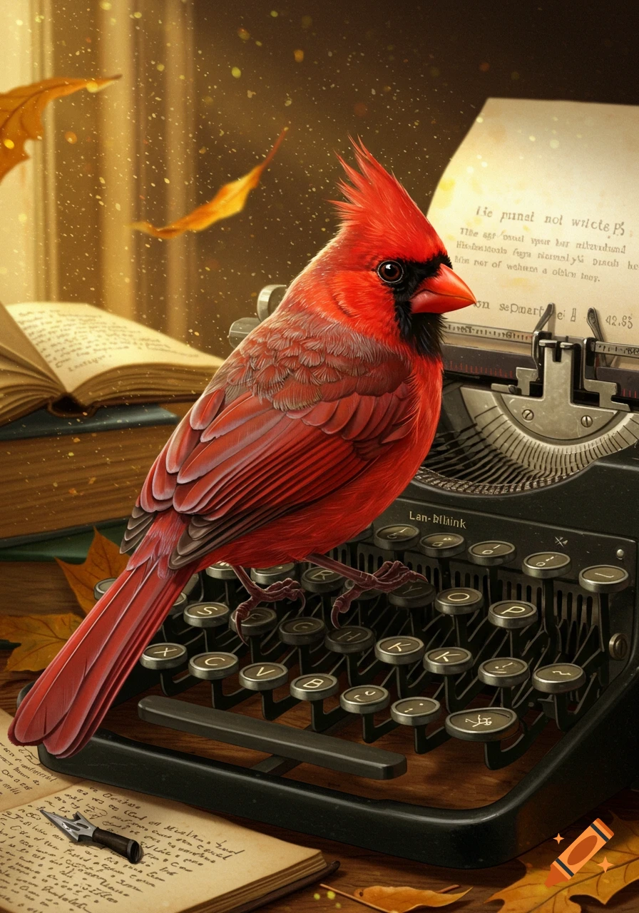 A vibrant red cardinal perches on an old black typewriter, surrounded by autumn leaves and open books in a warm, detailed scene.