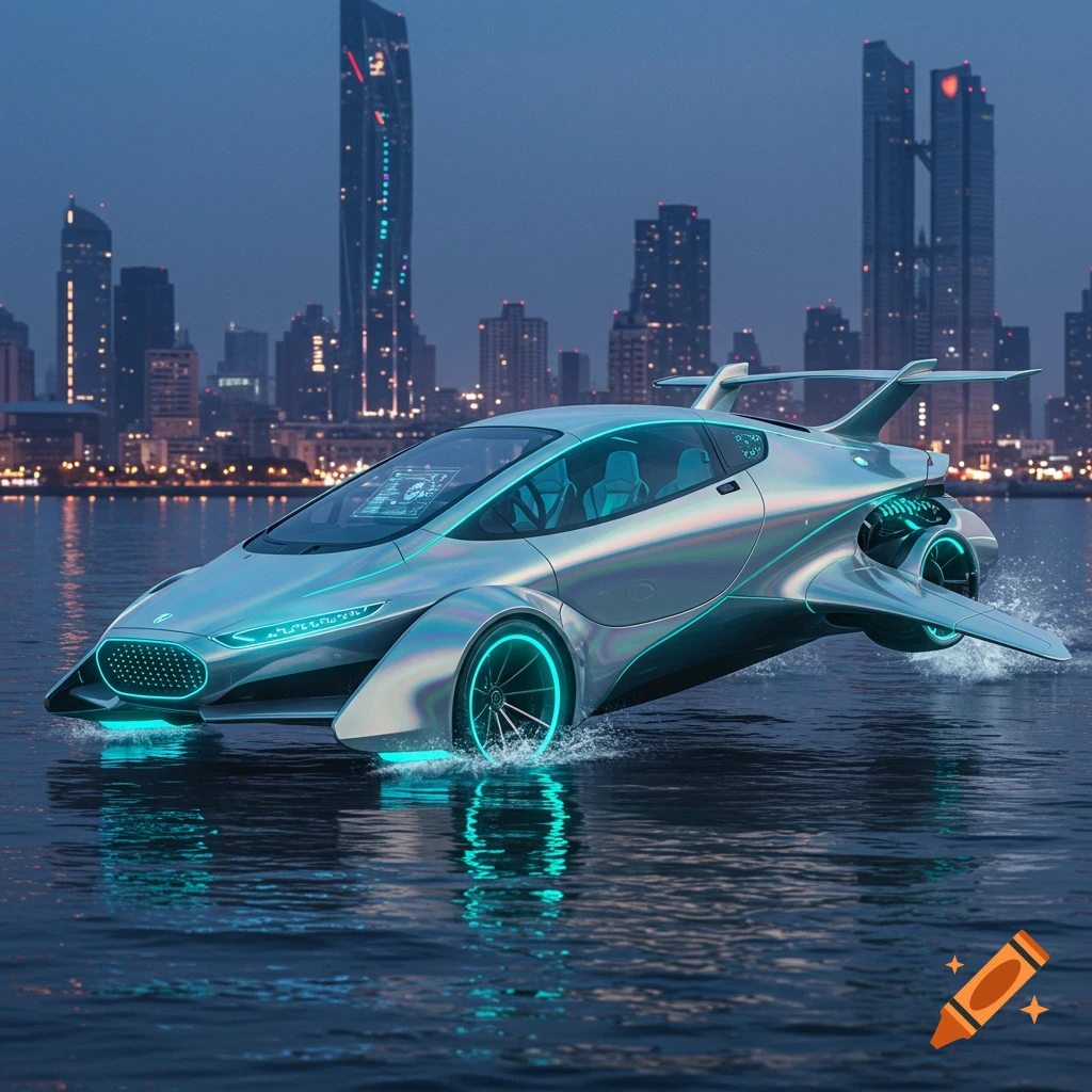 A sleek silver futuristic vehicle with neon blue accents and wings skims across dark water at night, with a modern city skyline illuminated in the background.