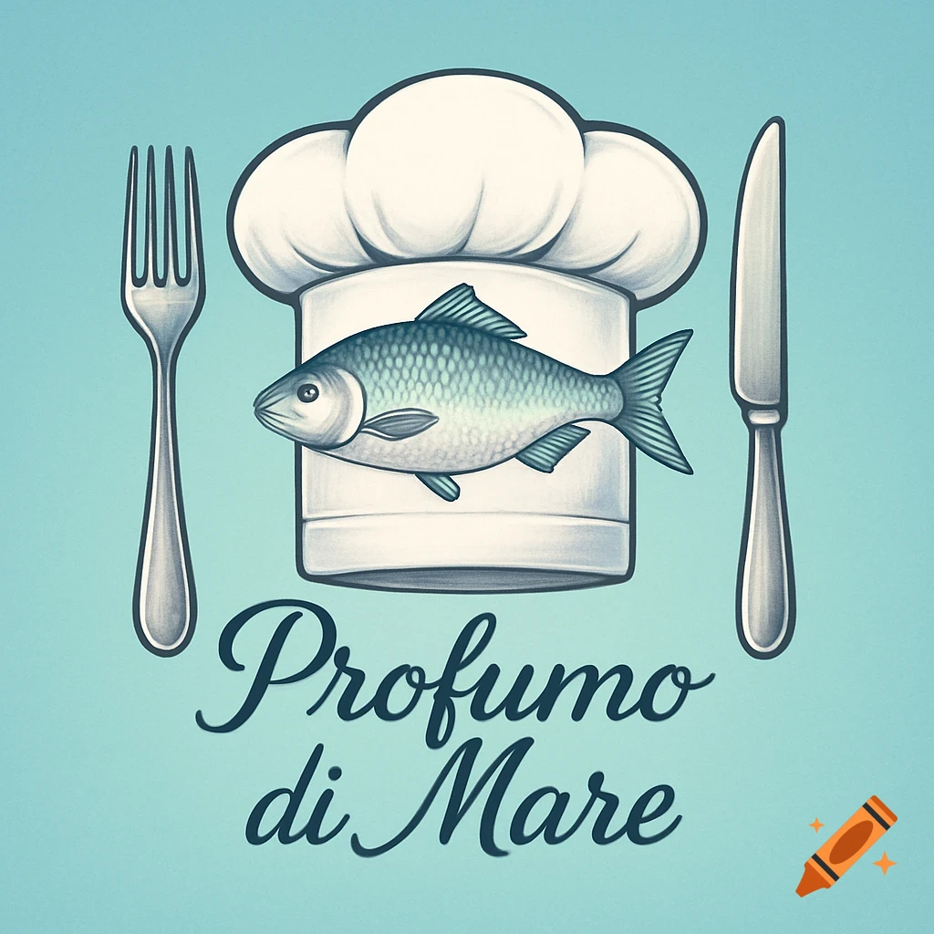 Stylized logo on a blue background featuring a chef's hat with a fish, flanked by a fork and knife, with "Profumo di Mare" text below.