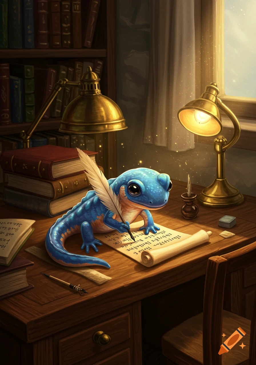A cute blue salamander with big eyes sits at a wooden desk, writing on a scroll with a quill pen in a cozy, sunlit study.
