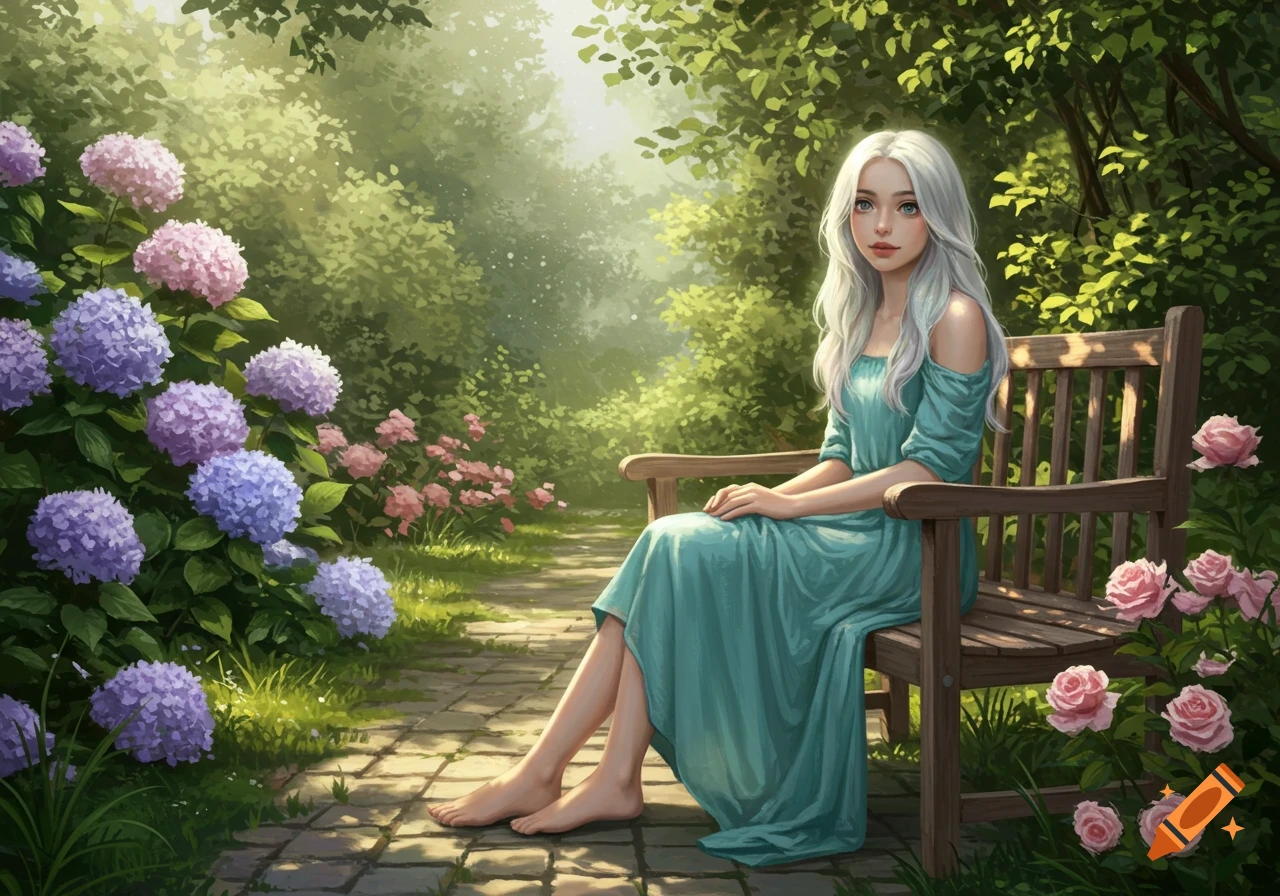 An illustrated young woman with long white hair sitting barefoot on a wooden bench in a lush garden with hydrangeas and roses.