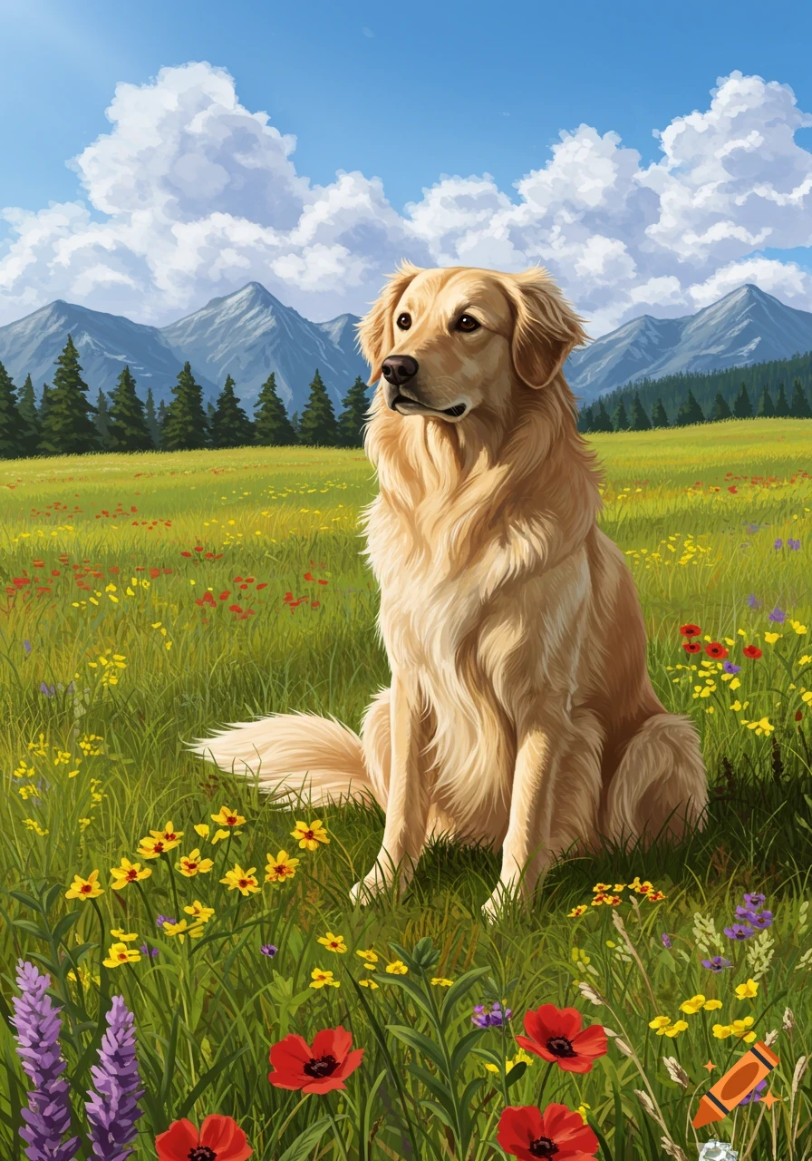 An illustration of a golden retriever dog sitting in a vibrant field of wildflowers with mountains and pine trees under a blue sky.