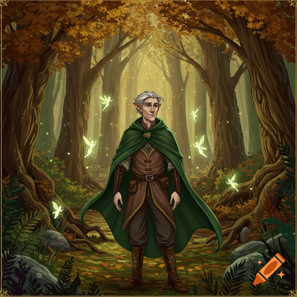 An illustrated male elf in a green cape stands in an enchanted forest with glowing fairies.