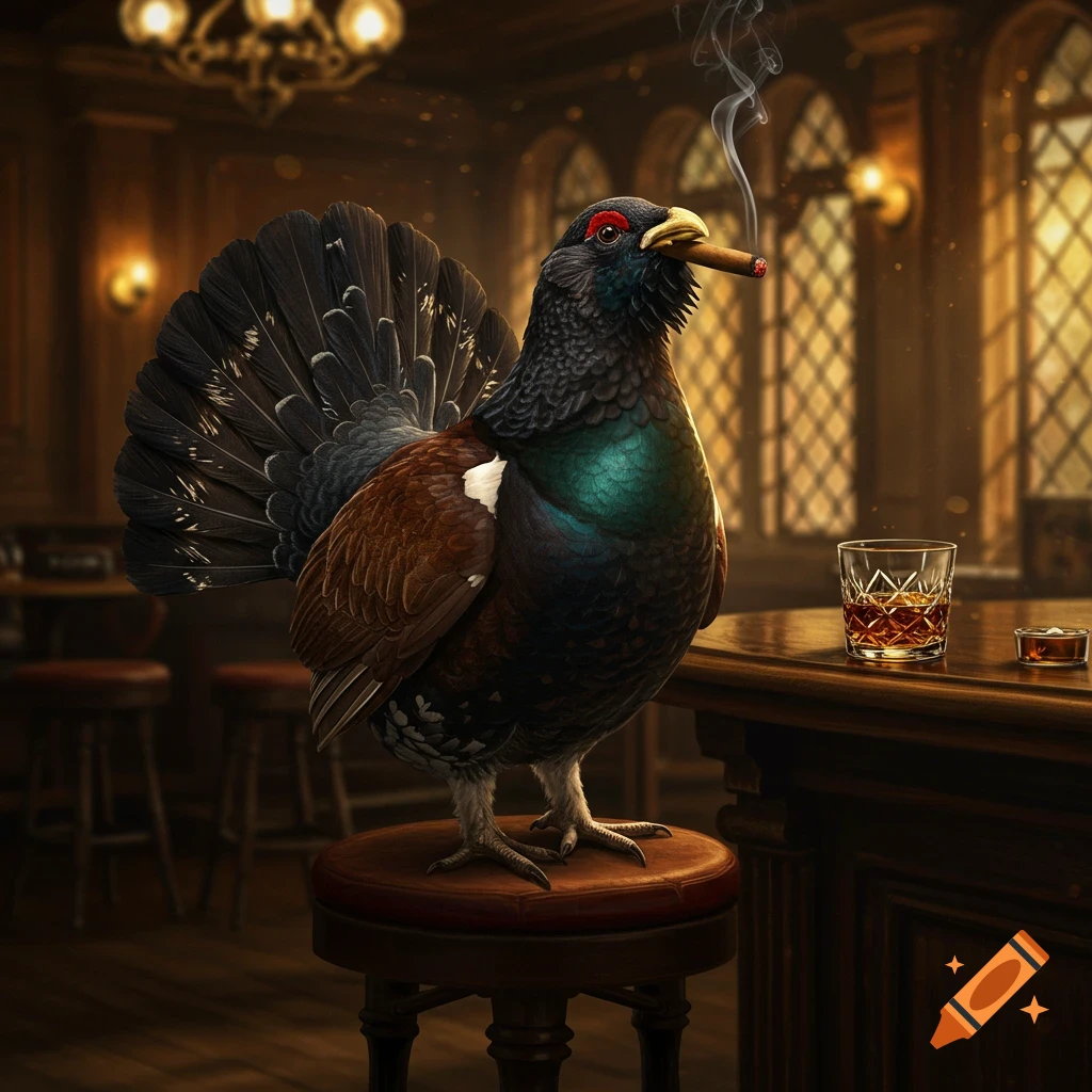 A photorealistic image of a grouse sitting on a barstool, smoking a cigar, with a glass of whiskey on the bar.