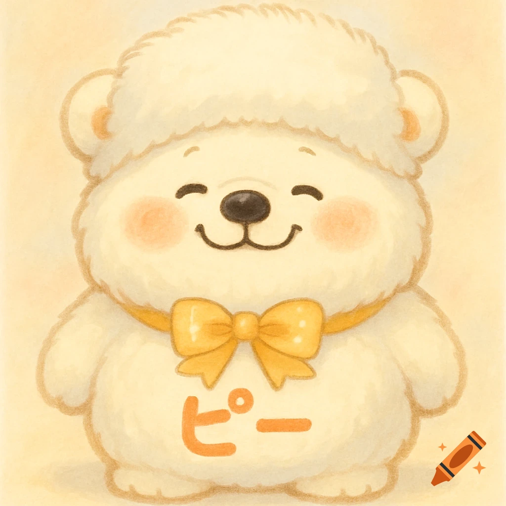 A cute, fluffy white bear illustration, smiling, wearing a hat and yellow bow, with 'ピー' on its chest.