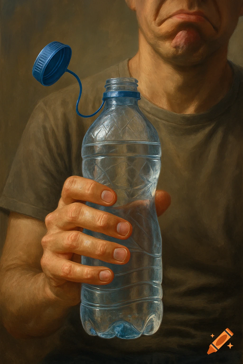 A realistic painting of a man looking annoyed, holding an empty plastic water bottle with its blue cap attached by a string.