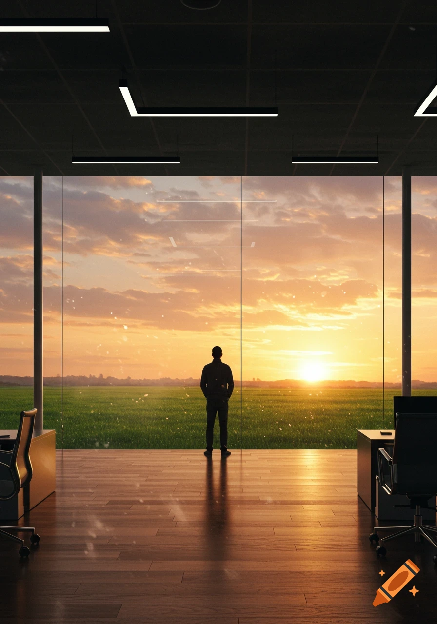 A person stands with their back to the viewer in a modern office, looking out a large window at a vibrant sunset over a green field.