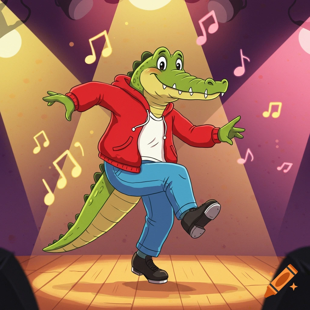 A friendly cartoon anthropomorphic alligator in a red hoodie and blue pants tap dancing on a stage with musical notes.