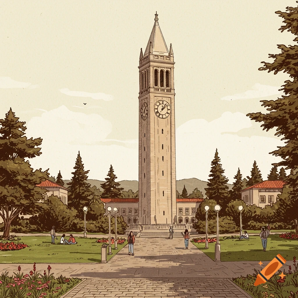 Hand-drawn illustration of the Berkeley Campanile clock tower on a sunny campus with students and trees.