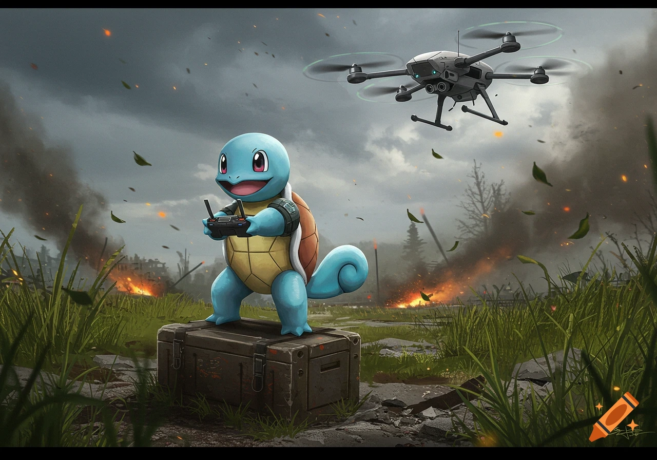 A happy Squirtle standing on a crate, flying a drone over a modern battlefield with fires and smoke.