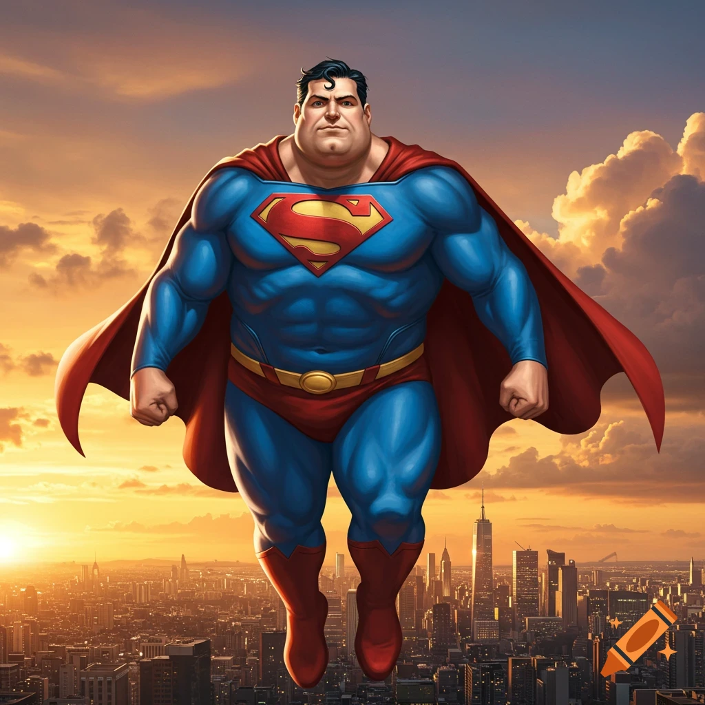 An overweight Superman in his blue and red suit and cape flies above a city skyline at sunset, depicted in a comic art style.