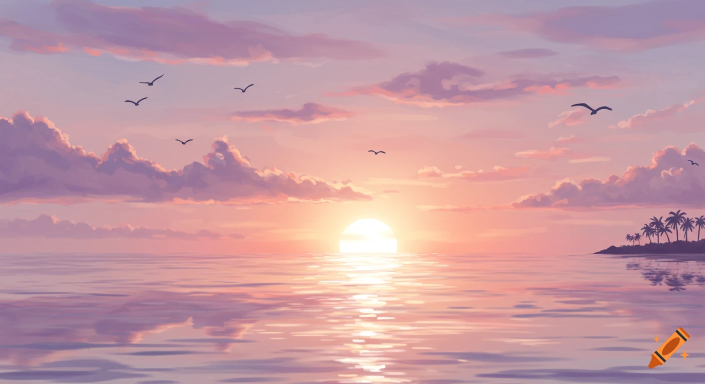 Pastel illustration of a sunset over a calm tropical sea with distant palm trees on an island and birds flying.