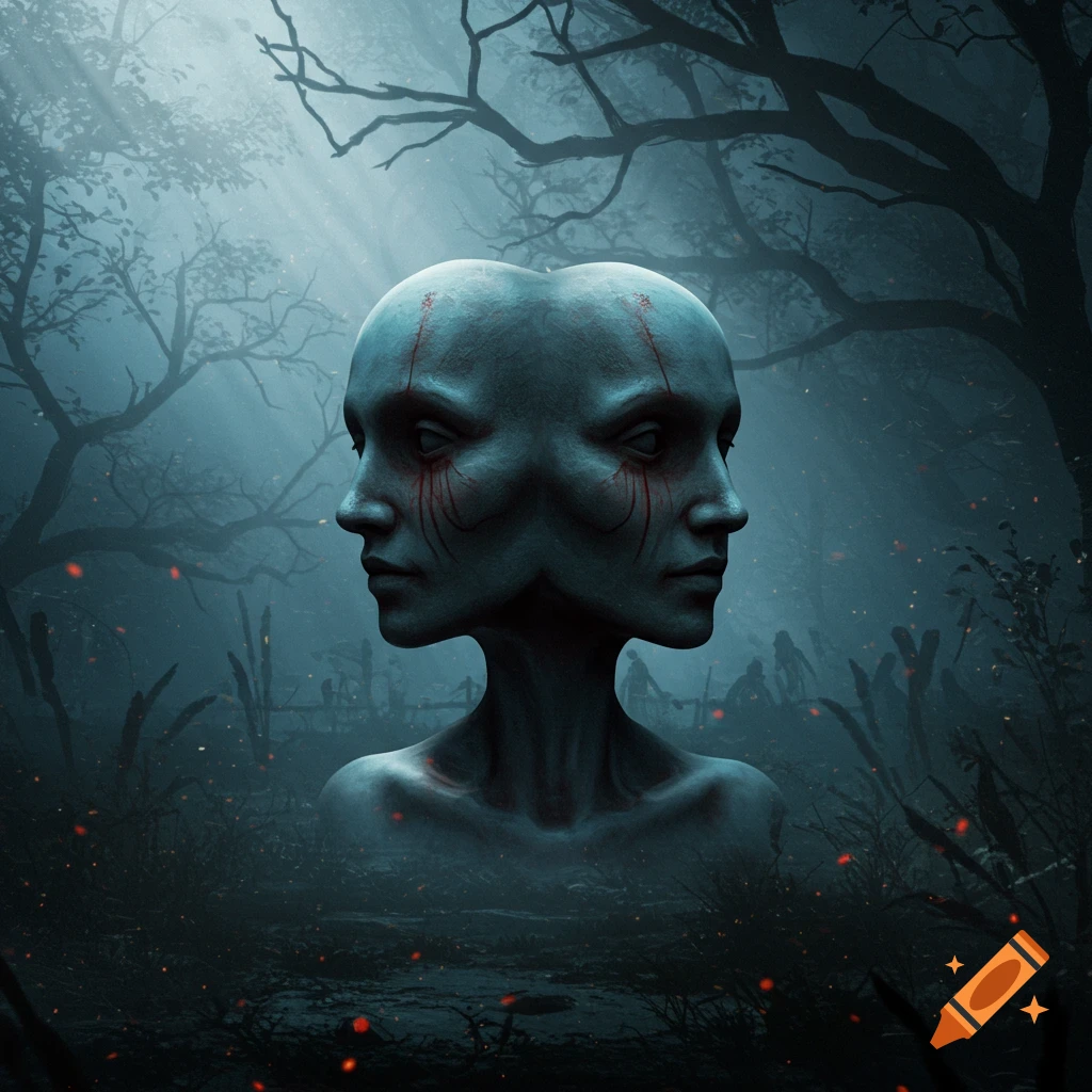 A pale, two-faced humanoid figure with red markings stands in a dark, misty forest with glowing embers, in a creepy fantasy style.