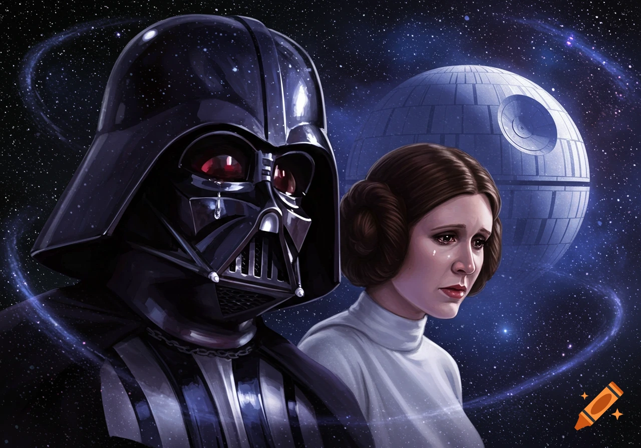 Darth Vader and Princess Leia crying, with the Death Star in a starry space background.