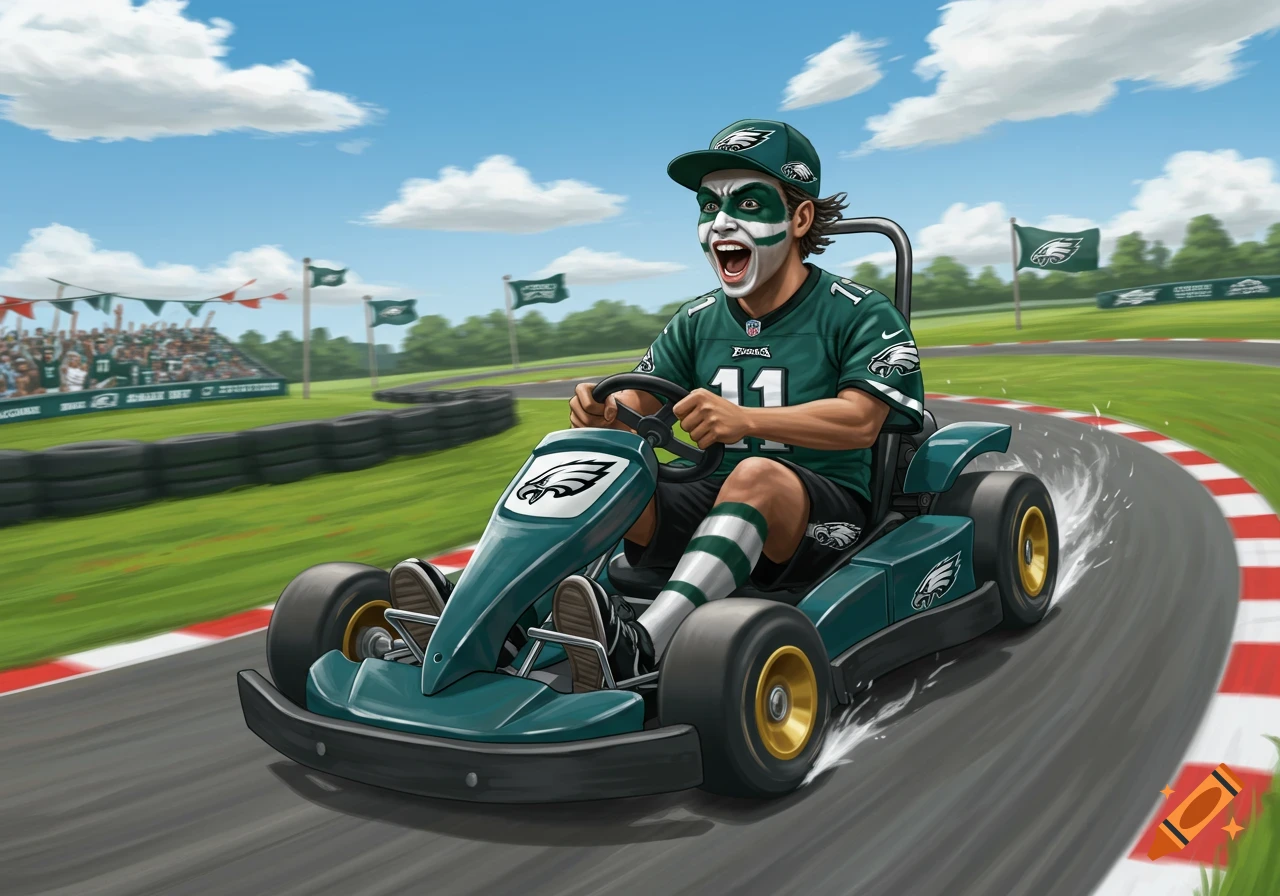 An excited Philadelphia Eagles fan in face paint and team gear drives a go-kart on a racetrack, with a crowd in the background. The art style is illustrative and cartoonish.