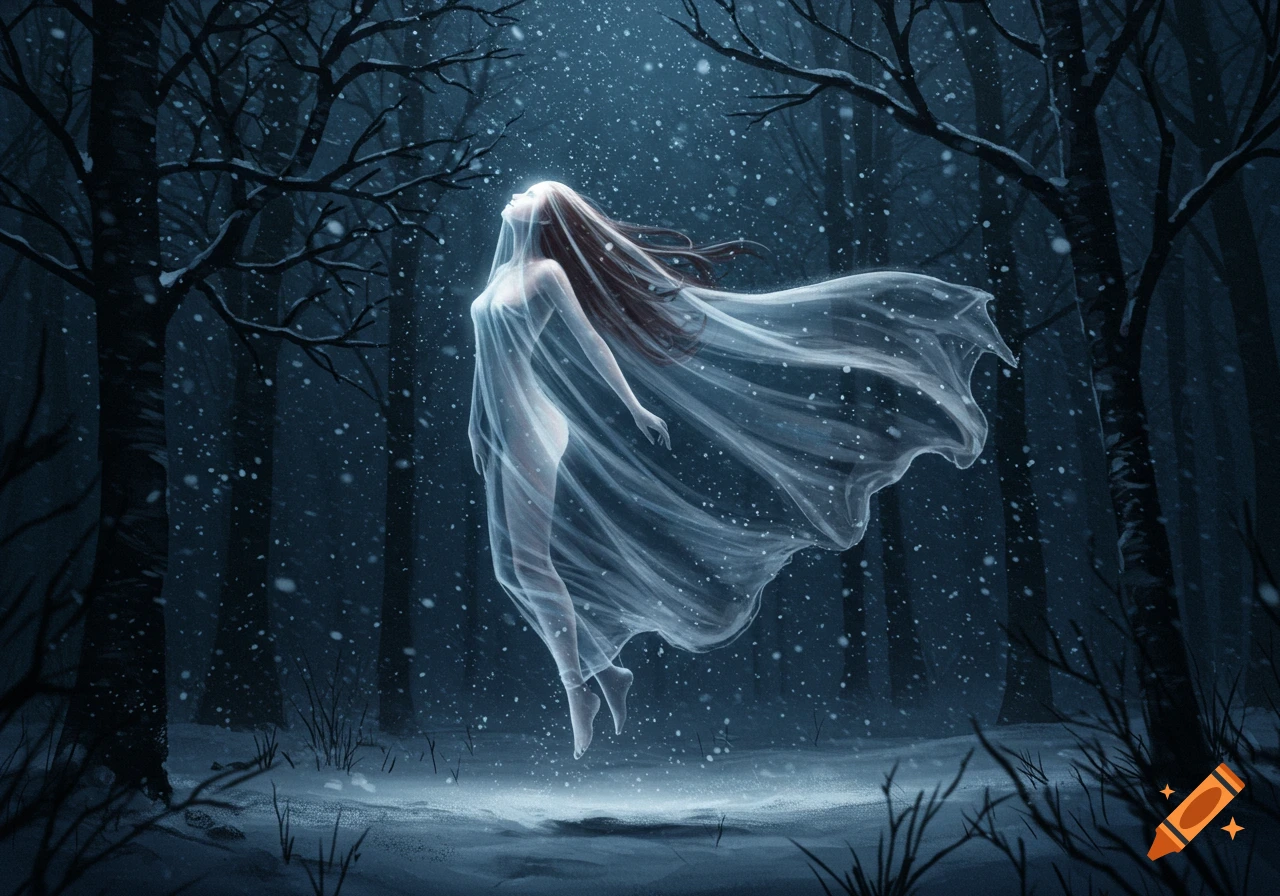 Ethereal woman in flowing sheer fabric hovers in a dark, snowy winter forest.