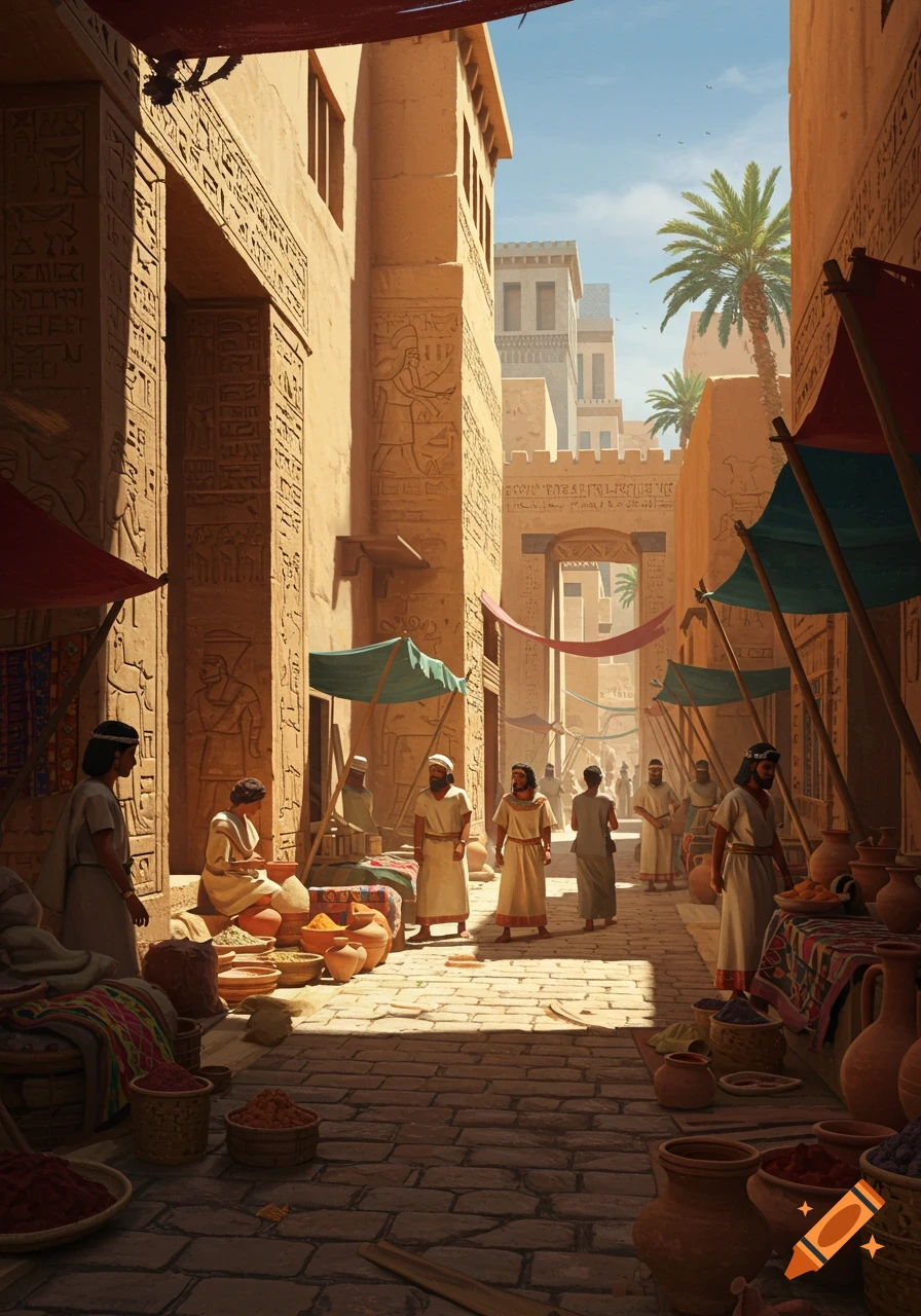 A photorealistic depiction of a bustling ancient marketplace street scene with people, market stalls, and buildings adorned with carved hieroglyphs.