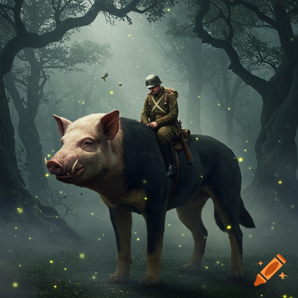 A soldier rides a pig-headed, dog-bodied creature through a misty, firefly-lit forest.