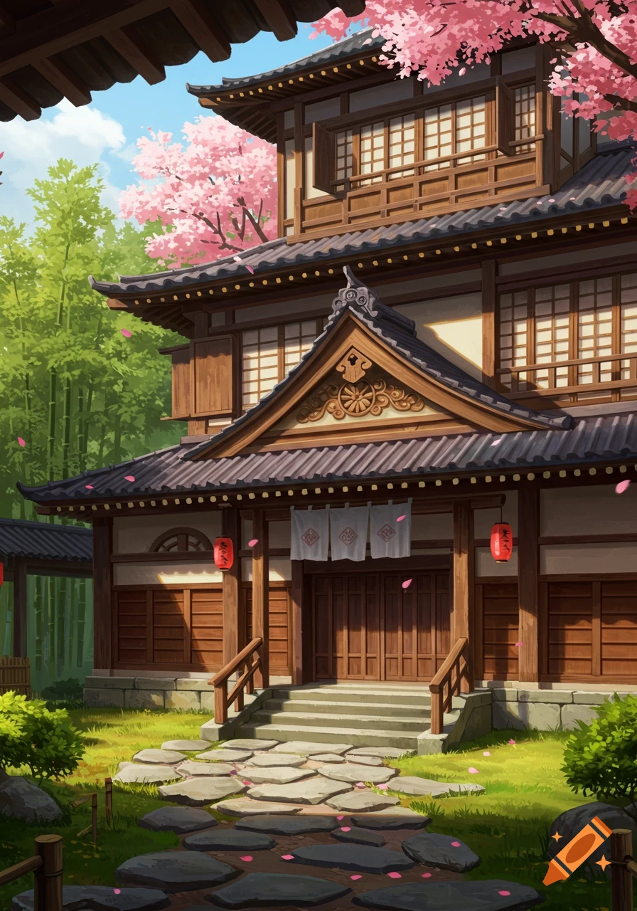 A traditional multi-story Japanese house with intricate wooden architecture and a tiled roof, surrounded by vibrant pink cherry blossoms and green bamboo, with a stone path leading to the entrance.