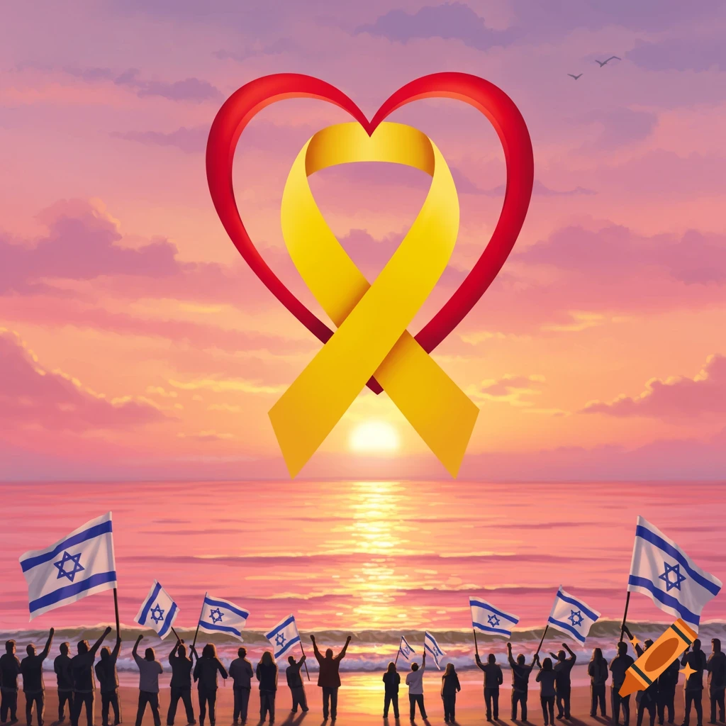 A sunset beach scene with a large red heart and a yellow ribbon above people waving Israeli flags.