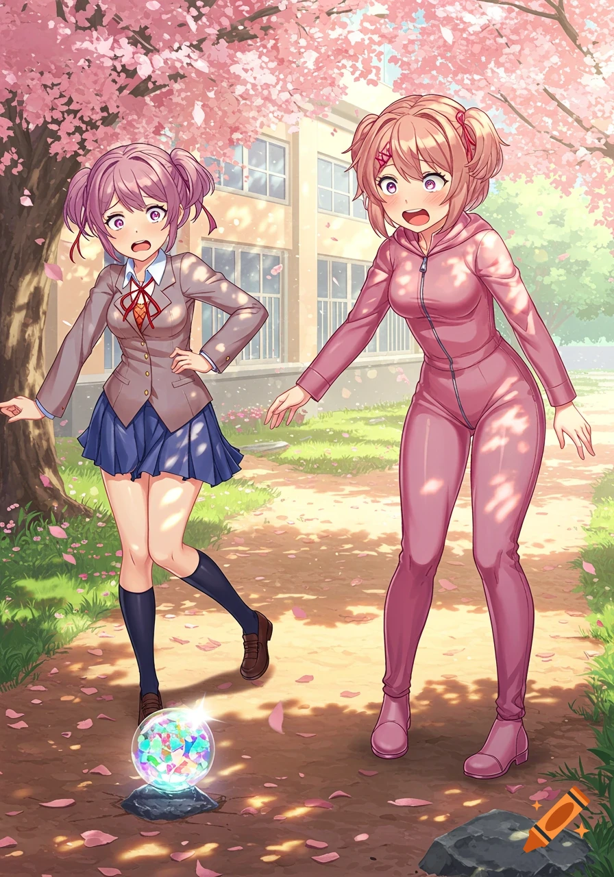 Two anime girls, Natsuki and Sayori, looking surprised at a glowing crystal ball on the ground under cherry blossoms near a school.