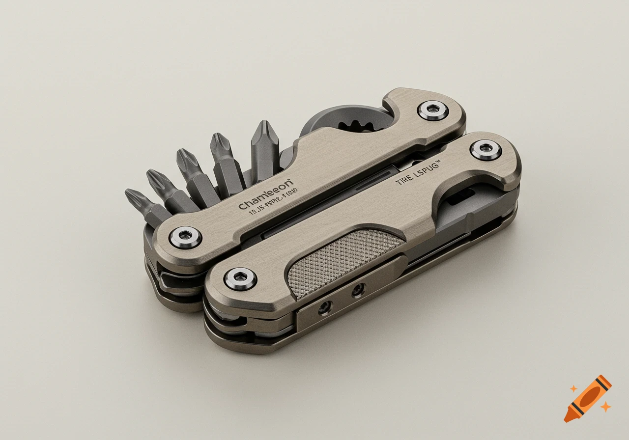 A beige and gray foldable multi-tool with various bits partially unfolded on a light background. Text "Chameleon" and "TIRE LSPUG" are visible.