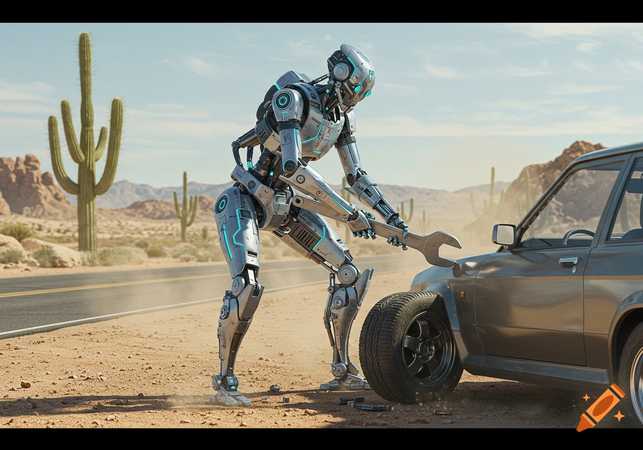 A Zylon robot changing a flat tire on a car in a vast desert landscape with cacti under a clear sky.