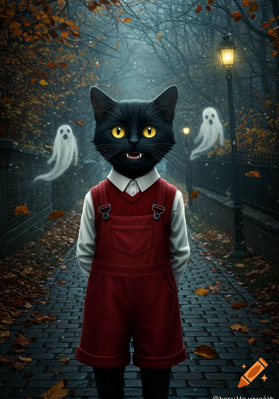 A cartoon anthropomorphic black cat in red overalls and a sweater stands on a cobblestone path with two ghosts in an autumn forest at dusk.