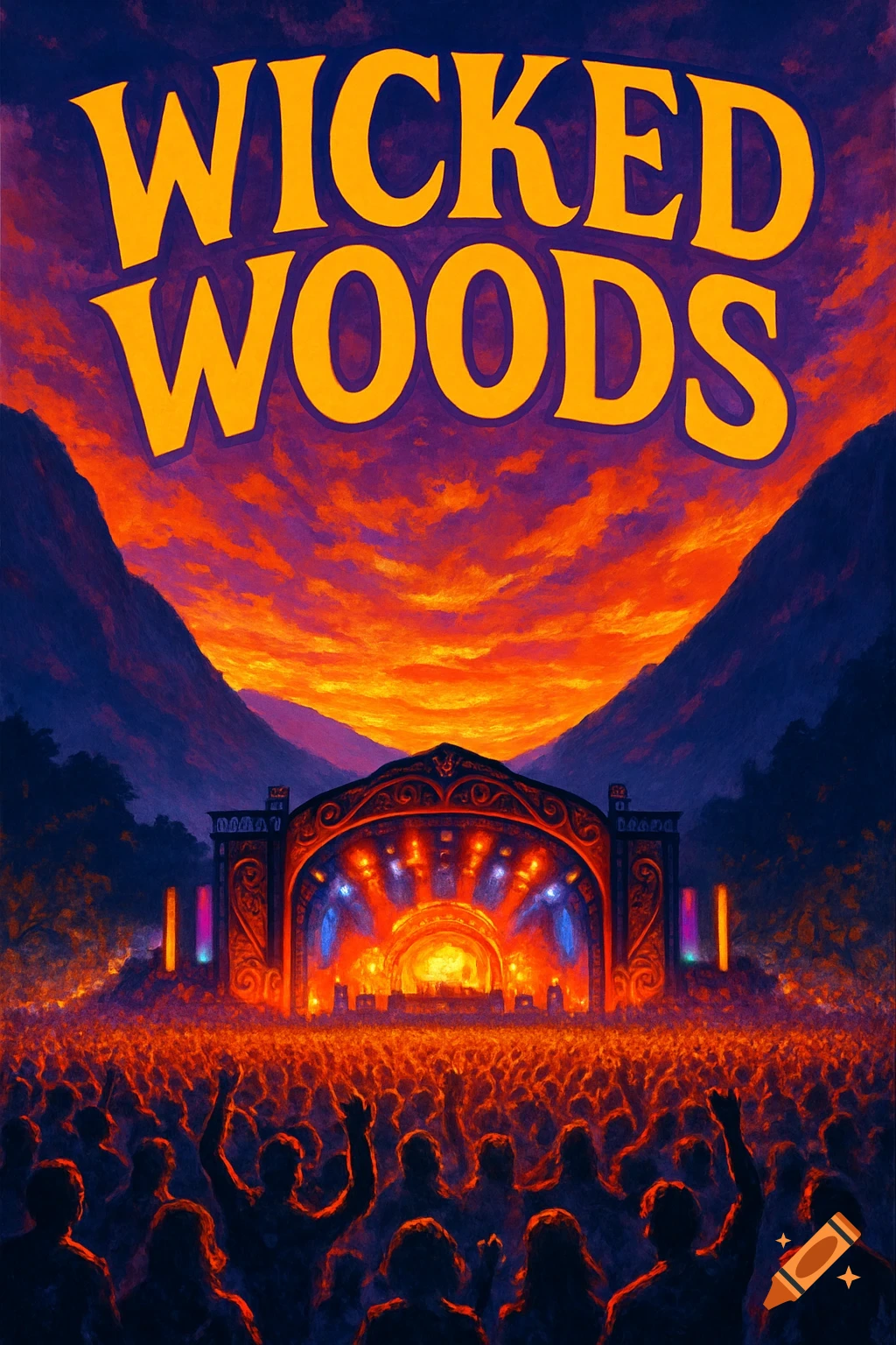 Vibrant stylized music festival poster for 'WICKED WOODS' with a large crowd, a lit stage, mountains, and a fiery sunset.