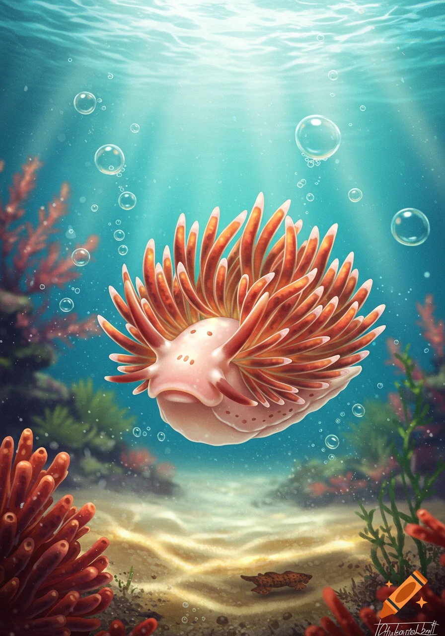Vibrant illustration of a pink and orange nudibranch floating in clear blue underwater with coral and bubbles.
