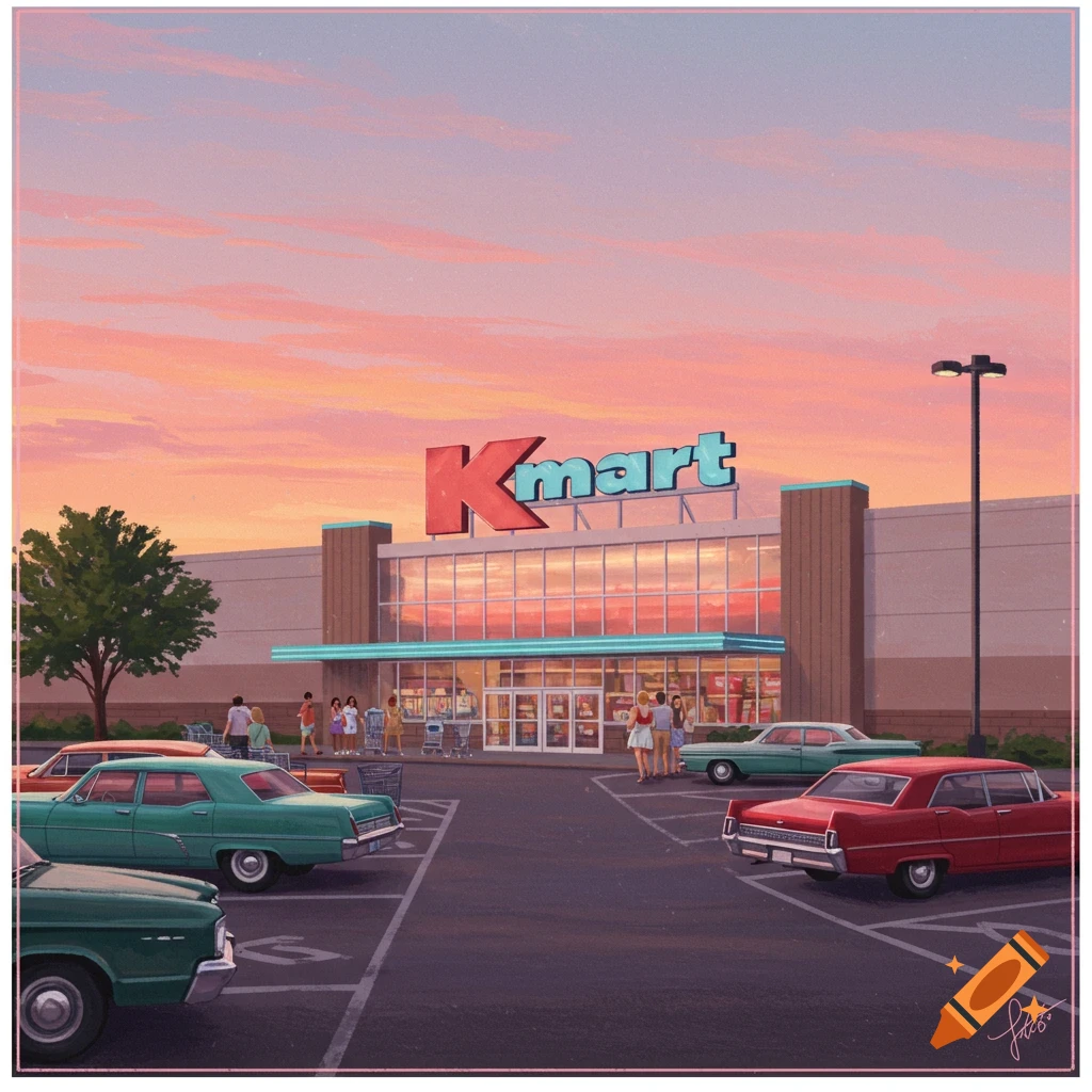 Illustration of a retro Kmart store with a parking lot full of vintage cars and people during a pink and orange sunset.
