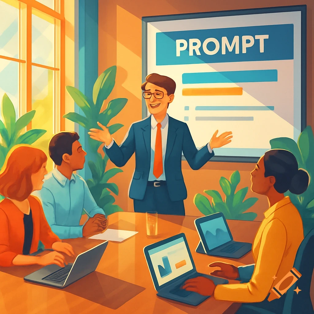 An illustration of a man in a suit presenting the word "PROMPT" on a screen to three colleagues seated around a table with laptops.