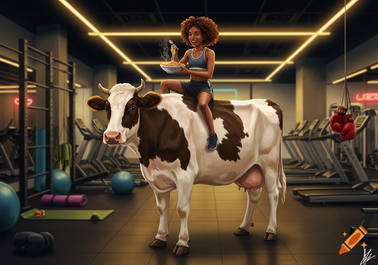 A smiling woman with curly hair sits atop a cow, eating a bowl of pasta with a fork inside a gym setting. Illustration.