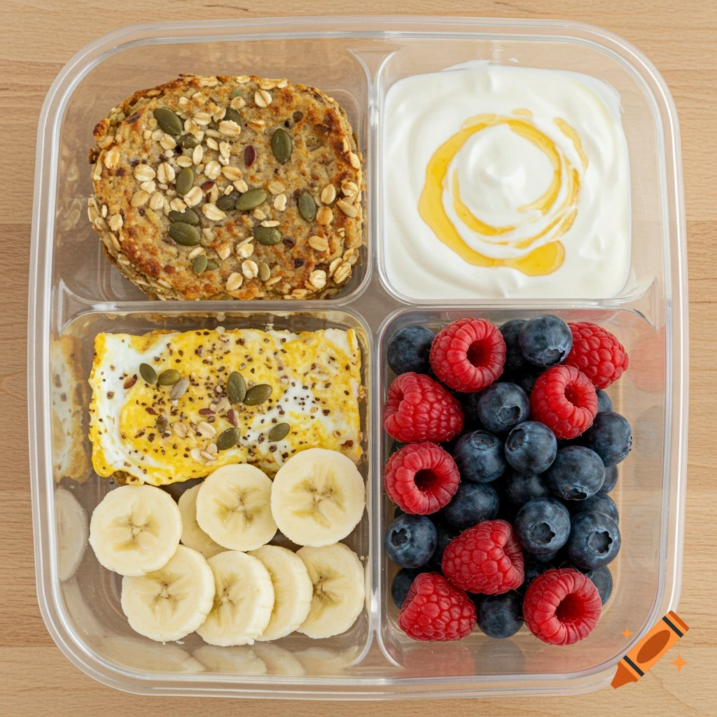 A top-down view of a clear plastic bento box with an oatmeal biscuit, fried egg, sliced bananas, mixed berries, and Greek yogurt with honey.