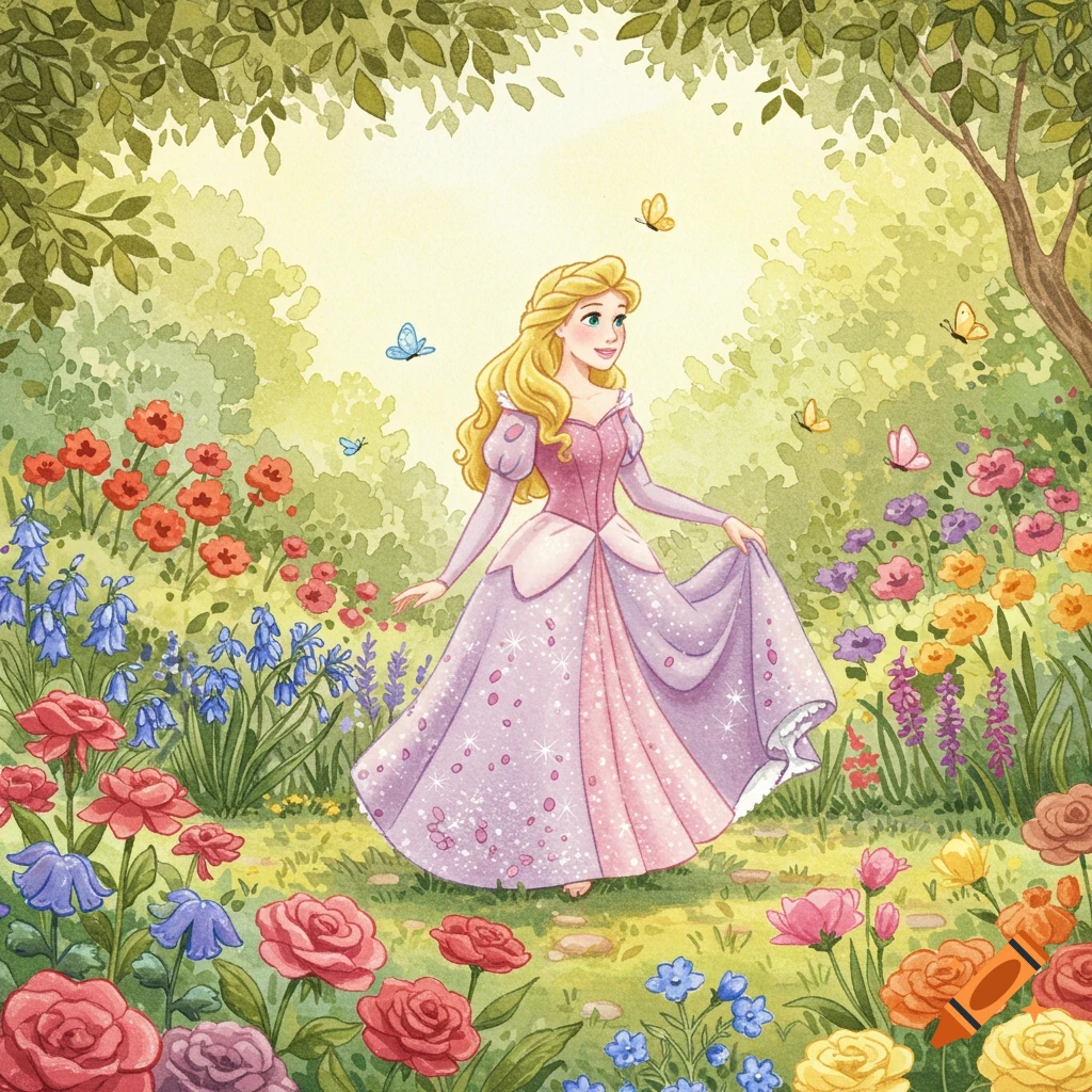 A blonde princess in a sparkly pink and purple dress walks through a vibrant watercolor garden with colorful flowers and butterflies.