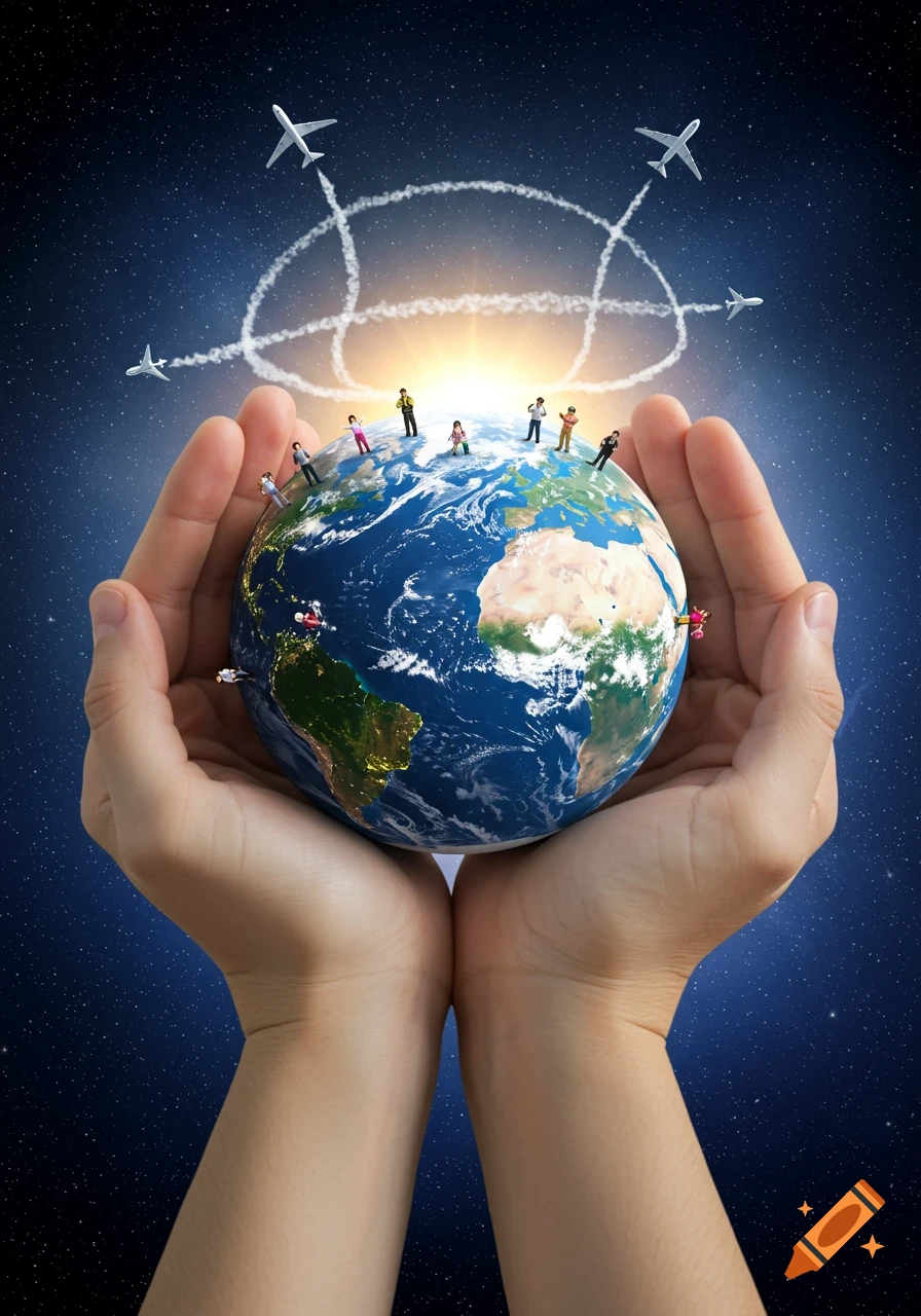 Large hands cradle an Earth globe with tiny people standing on it, as airplanes fly above, tracing lines in the starry space background.